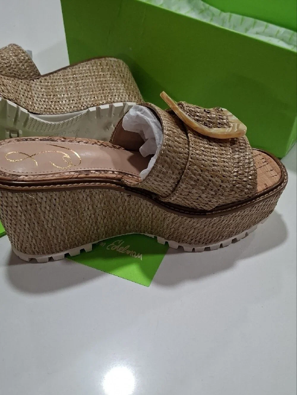 Sam Edelman Tan Woven Slide Mules with Marbled Buckle